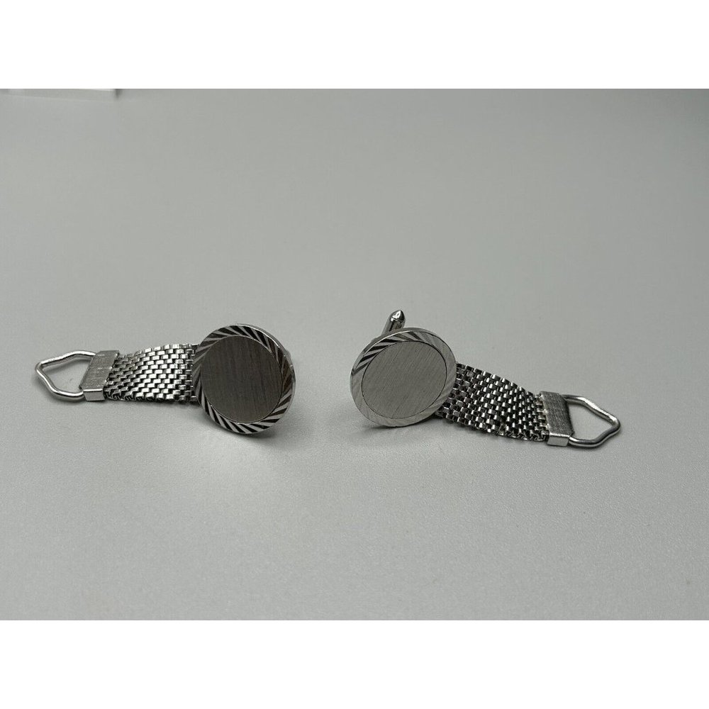 Vintage‎ Silver-tone Disc Cufflinks Mesh Wrap Geometric Border 1" NH
